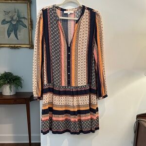 LOFT Striped & Floral Mixed-Print Long Sleeve Dress in Navy, Pink & Mustard